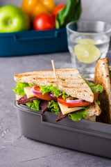 Lunch box with sandwich and apple .