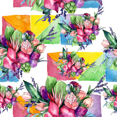 Wildflower bouquet pattern in a watercolor style. Full name of the plant: orchid, rose. Aquarelle wild flower for background, texture, wrapper pattern, frame or border.