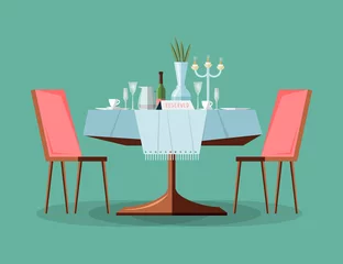 Keuken spatwand met foto Reserved modern restaurant table with tablecloth, candles in candlestick, plant, wineglasses, reservation tabletop sign standing on it and two chairs. Bright colored cartoon vector illustration © Good Studio