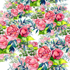 Wildflower bouquet pattern in a watercolor style. Full name of the plant: peony. Aquarelle wild flower for background, texture, wrapper pattern, frame or border.
