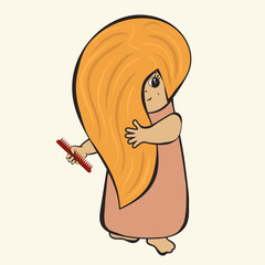 Illustration of girl with hairbrush in hand. Little girl combs long hair. Lovely image of child. Vector simple image for children. Girl brushes the hair. Child with long fair hair isolated on white.