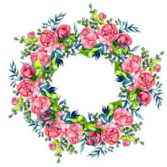 Wildflower bouquet wreath in a watercolor style. Full name of the plant: peony. Aquarelle wild flower for background, texture, wrapper pattern, frame or border.