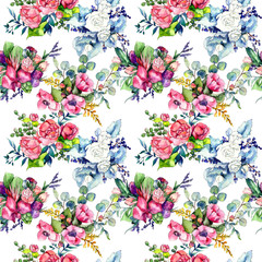 Wildflower bouquet pattern in a watercolor style. Full name of the plant: peony. Aquarelle wild flower for background, texture, wrapper pattern, frame or border.