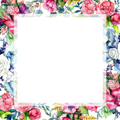 Wildflower bouquet frame in a watercolor style. Full name of the plant: peony. Aquarelle wild flower for background, texture, wrapper pattern, frame or border.