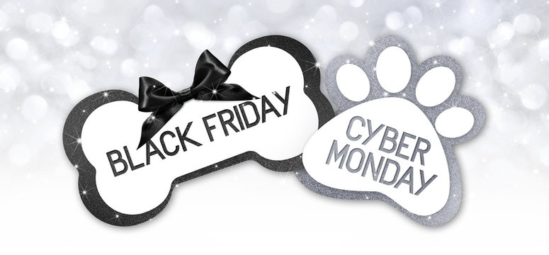pet shop black friday and cyberg monday sale text write on gift card label with black ribbon bow on silver bright lights background