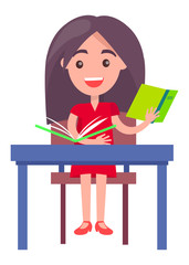 Schoolgirl Studying at Desk Vector Illustration