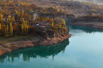 Autumn landscape with turquoise water.Tashkent region of Uzbekistan.