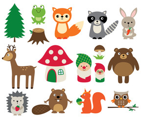 Woodland animals, isolated vector set