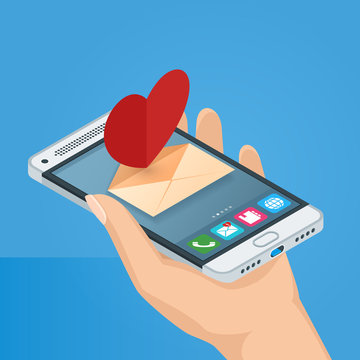 Female Hand Holds A Mobile Phone. Cellphone With Love Letter. Valentines Day Isometric Concept. Realistic Vector Illustration.