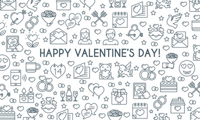 Valentines day banner. Thin line icons. Vector illustration