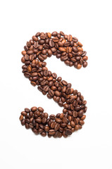 Alphabet S of coffee beans isolated on white background