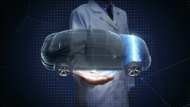 Scientist, engineer open palm, Electronic,  ion battery echo car. Charging car battery. Battery level check, future car.side view.