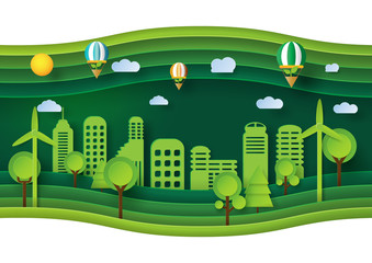 Green eco friendly city and save energy concept design.Nature landscape and environment conservation paper art style.Vector illustration.