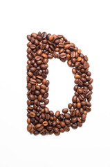 Alphabet D of coffee beans isolated on white background