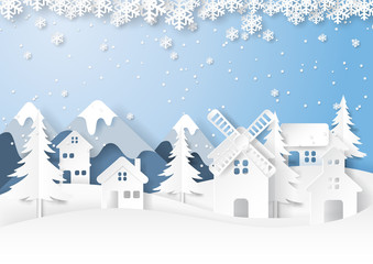 Naklejka premium Urban countryside on snow and winter season landscape background.For merry christmas and happy new year paper art style.Vector illustration.