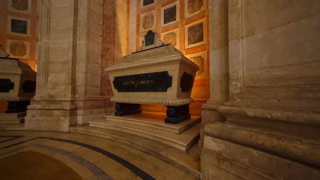 The cenotaphs of Luis de Camoes and Pedro Alvares Cabral in Panteao Nacional church, in Lisbon, Portugal. The monument is also known as Igreja de Santa Engracia Church.