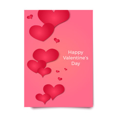 Happy Valentine's day card, poster, broshure or flyer template. Red 3d hearts on pink background, vector illustration.