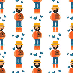 Farmer character forester man seamless pattern background agriculture person profession rural gardener worker farming people vector illustration.