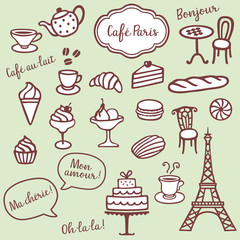 Collection of different bakery, coffe and Paris symbols