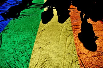 Silhouette of the participants of the Pride Parade on the flag of the LGBT population