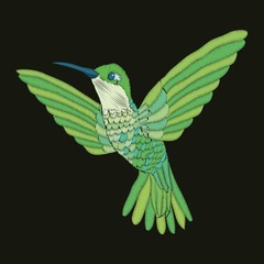 Obraz premium Embroidery with hummingbird and orchid flowers vector illustration.
