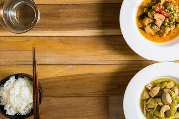 Pork curry spicy and curry fried mushrooms and placed on the dining table. diet rich in minerals and nutrients with vegetables and pork and herbs in Thailand.