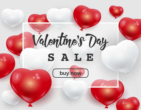 Valentine's Day sale web banner, flyer concept. Red, white cute balloons in shape of heart randomly flying over white background, white frame, promo text, realistic vector illustration.