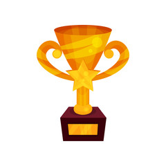 Gold winner cup with star on a pedestal, golden first place prize cartoon vector Illustration