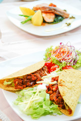 bread kebab with meat and crispy salad