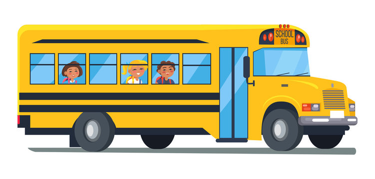 School Bus with Kids Sitting Near Windows Vector