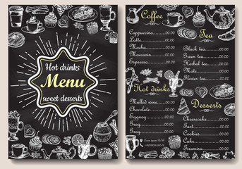 Restaurant hot drinks menu design with chalkboard background. Vector illustration template in vintage style. Hand drawn style. Hot tea, coffee, cacao