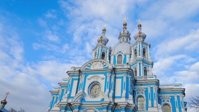 The majestic Smolny Cathedral in St. Petersburg, Russia, timelapse