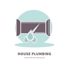 House plumbing service advertisement logo with broken pipe