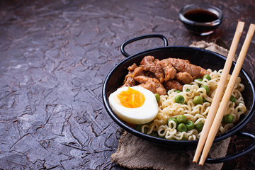 Ramen noodles with meat, vegetables and egg