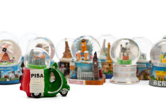 Snow globe travel souvenier destination isolated on white background