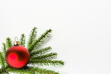 Christmas ornament, branch with bauble isolated on white background