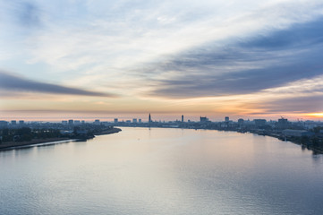 Aerial image of the Scheldt river and the city of Antwerp at sunrise