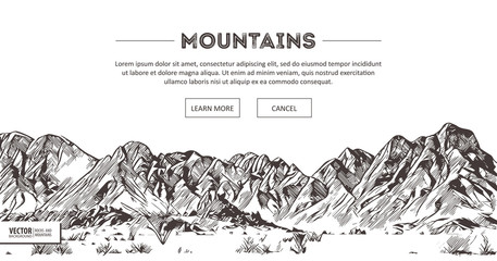 Mountains ranges. Nature sketch. Spiky mountain landscape sketch hand drawing, in engraving etching style, for extreme climbing sport, adventure travel and tourism design. Vector panorama.