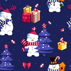 Winter seamless pattern with  cute snowmen christmas tree and gift boxes.  Merry Christmas and Happy New Year background. Vector illustration