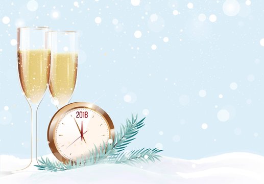 Two glasses of champagne and clock on snowy background. Happy new year winter background. Vector illustration