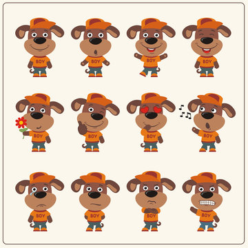 Collection of isolated puppy dog in clothes and cap. Set of puppy dog little boy in cartoon style. 