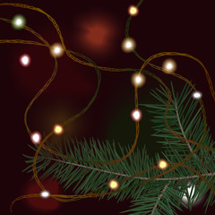 сосновая ветка и елочная гирлянда, векторная иллюстрация