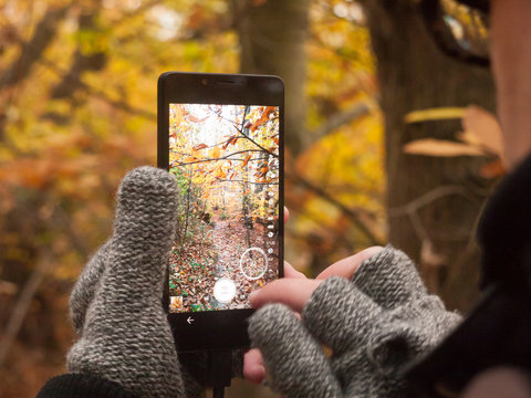man taking a picture with camera smart phone touch screen nature outside autumn fall