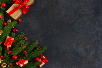 The New Year card is decorated with fir, boxes, ribbons and snow on a black background. Happy New Year and Merry Christmas!