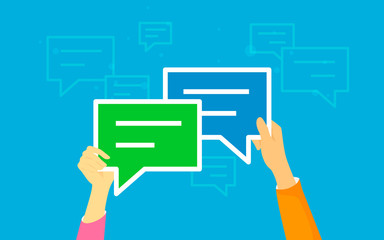 Speech bubbles for comment and reply concept vector illustration of young people texting and leaving comments in social networks. Flat human hands hold speech bubbles symbols on blue background - obrazy, fototapety, plakaty