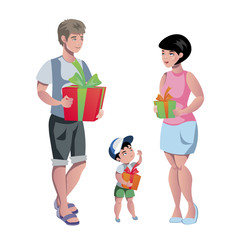 Happy family at Christmas with gifts.