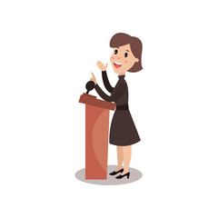 Female politician character standing behind rostrum and giving a speech, public speaker, political debates vector Illustration
