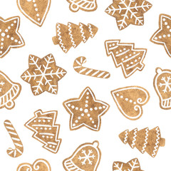 Christmas watercolor seamless pattern. Hand painted gingerbread cookies
