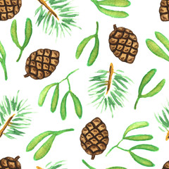 Seamless watercolor pattern with Christmas evergreens. Pine cone, spruce, mistletoe