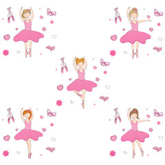 Cute ballerina girl in different hairstyle on doodle elements background.